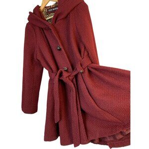 Steve Madden L/XL Hooded Wool Blend Coat Belt Burgundy RG10721